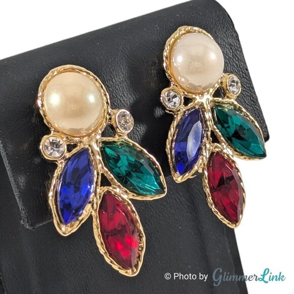 VTG Large Multicolor Acrylic Rhinestones Faux Pearl Gold Tone Clip On Earrings - Picture 2 of 8